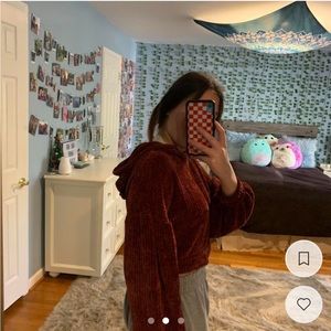Cropped maroon knit sweater with hood. Super comfy and cute
